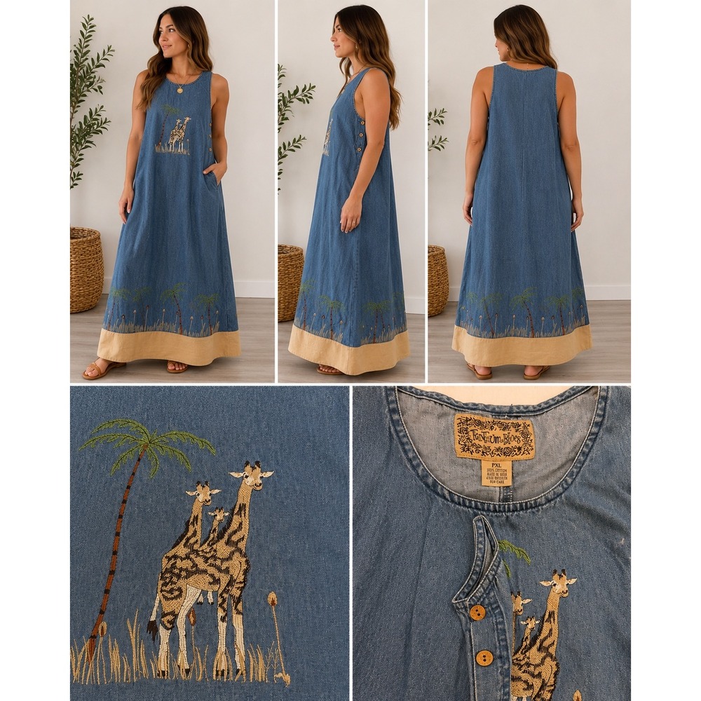 Vintage Tantrum Blues Giraffe Palm Tree Embroidered Denim Jumper Dress PXL Blue